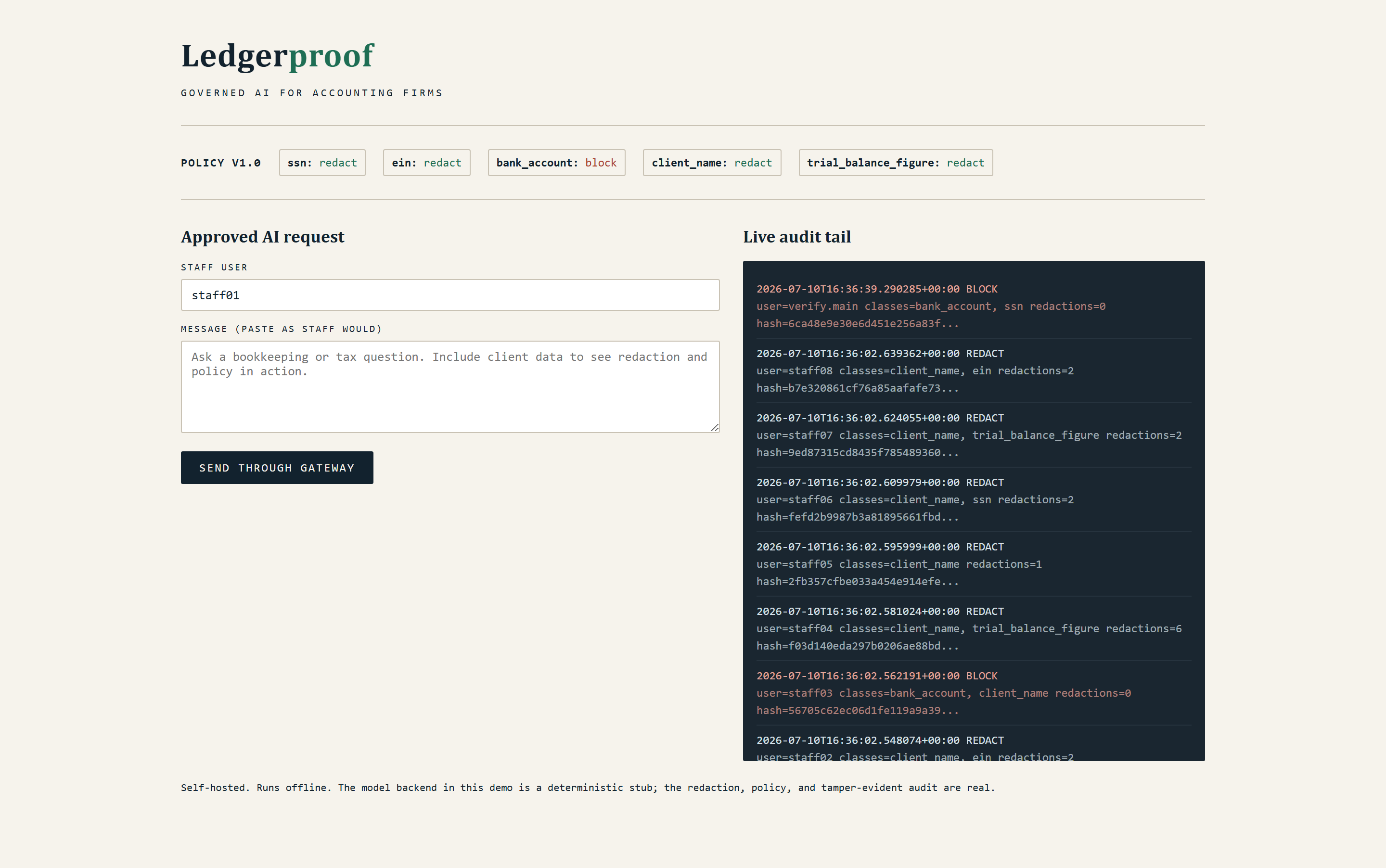 The real Ledgerproof operator console with policy controls and live audit tail