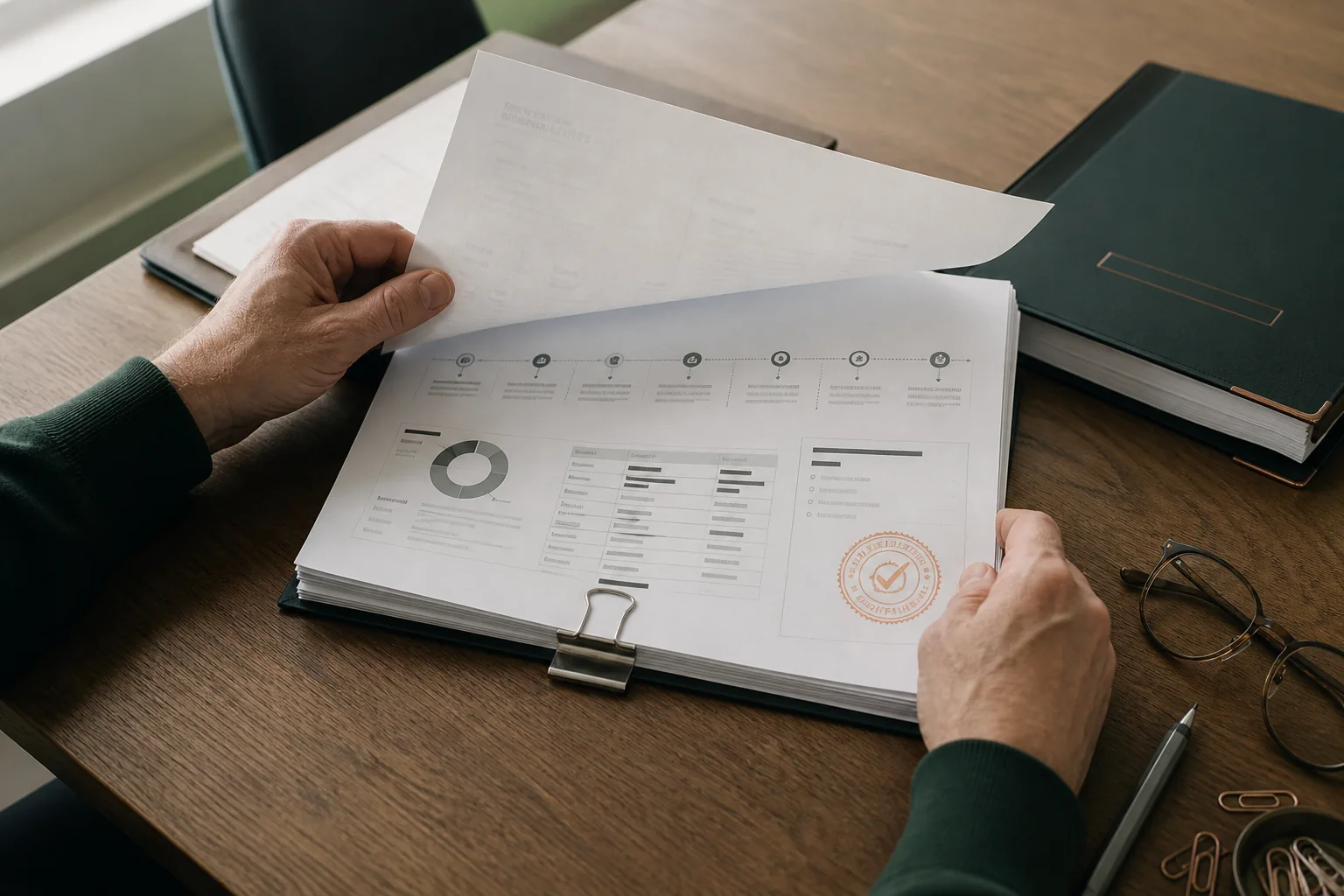 An examiner reviewing a printed Evidence Pack