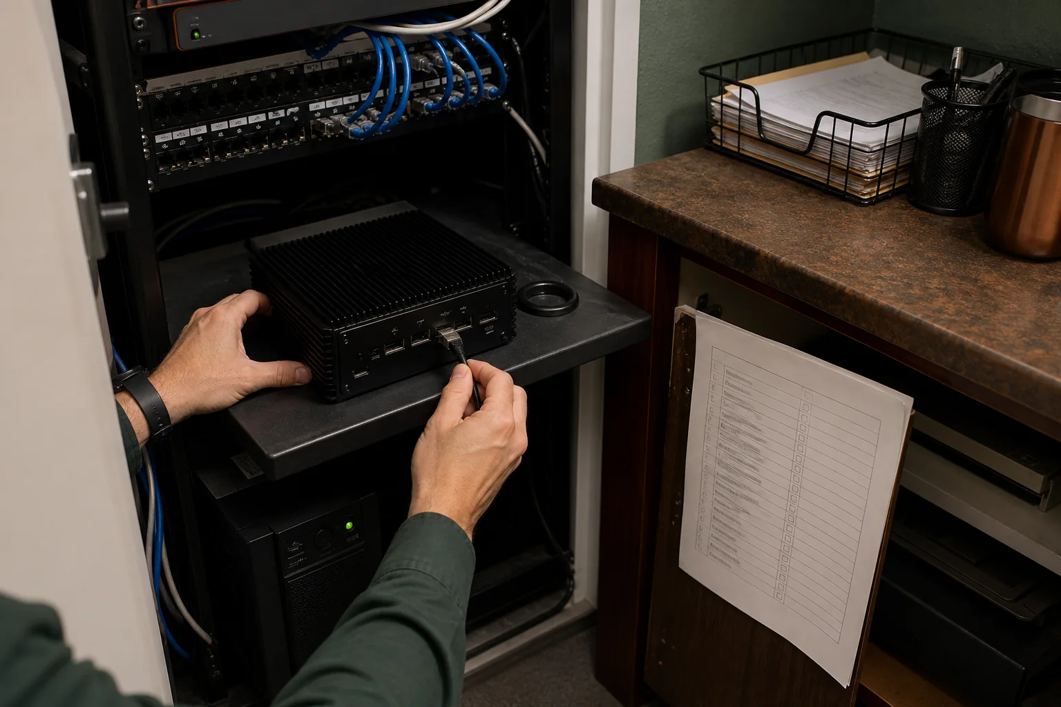A field engineer installing the Ledgerproof gateway in an accounting office