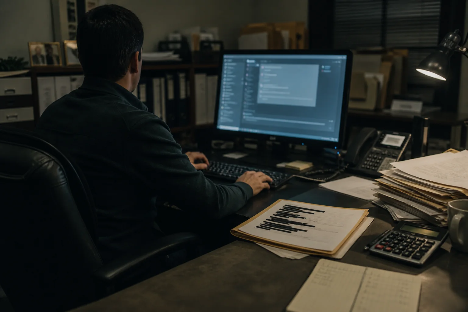 An accountant working beside redacted client records after hours